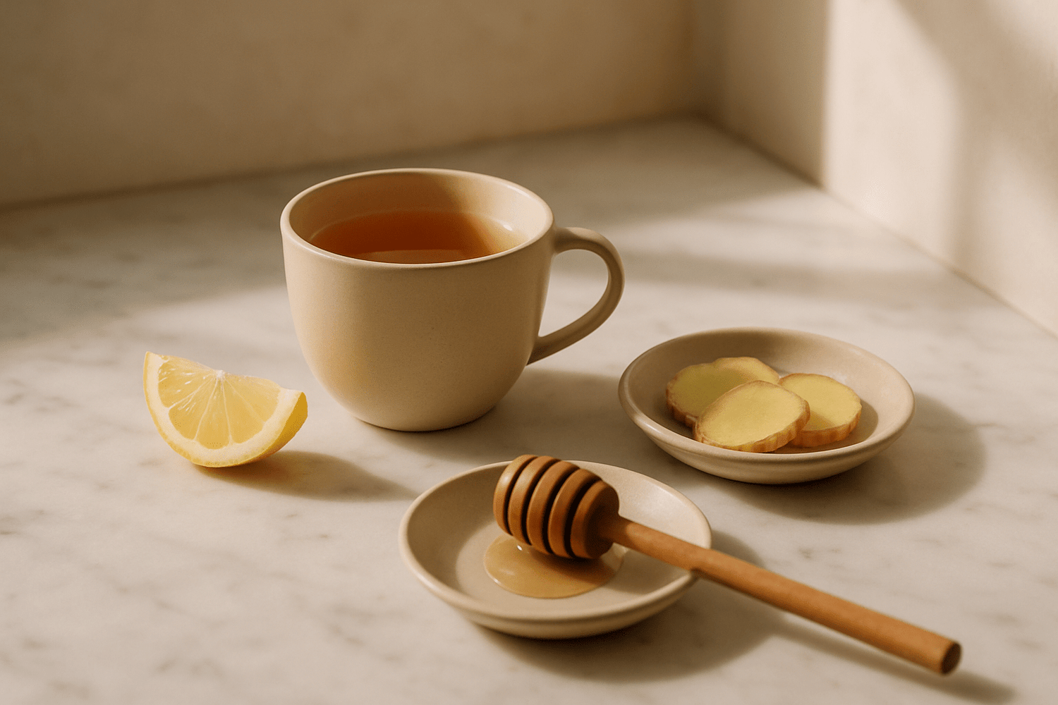 Ayurvedischer Morgentee mit Zitrone und Ingwer auf einer Marmorplatte als Start für den sanften Frühjahrsplan