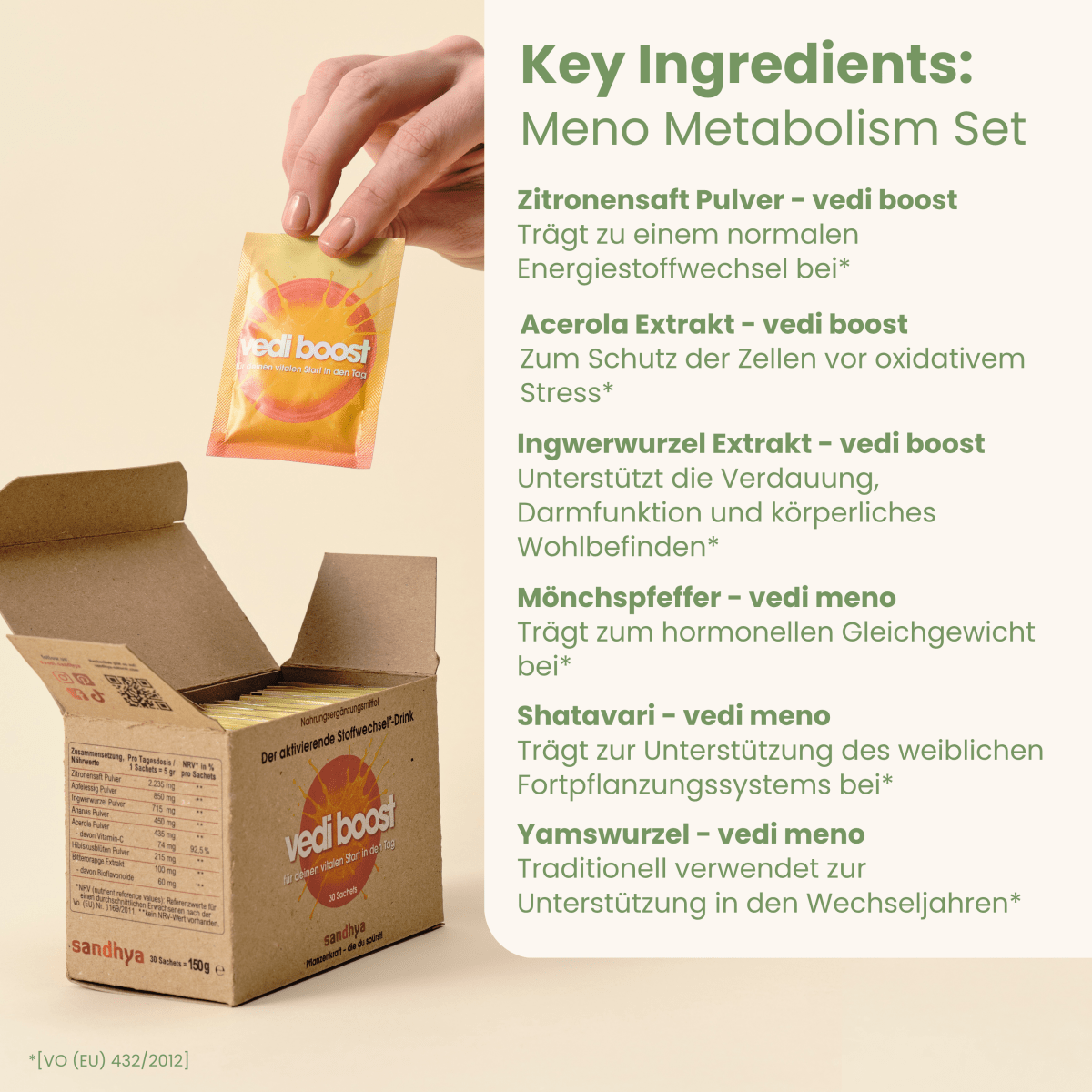 Key Ingredients Meno Metabolism Set: Zitronensaft, Acerola, Ingwer, Mönchspfeffer, Shatavari und Yamswurzel