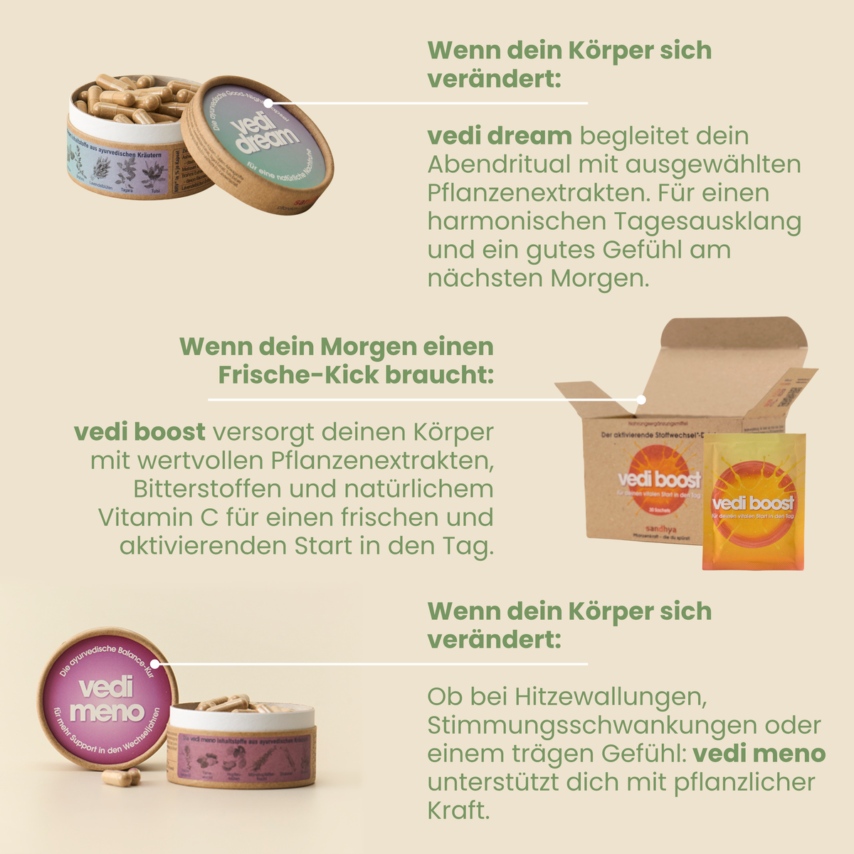 Anwendung Menopause Trio: vedi dream fürs Abendritual, vedi boost am Morgen und vedi meno in den Wechseljahren