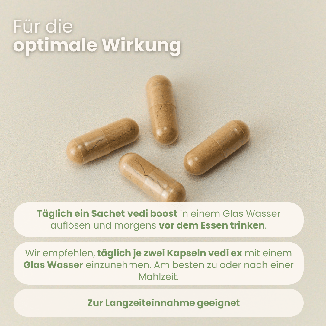 Cleanse Boost Set Einnahmeempfehlung mit Vedi Boost Sachet und zwei Vedi Ex Kapseln für Langzeiteinnahme