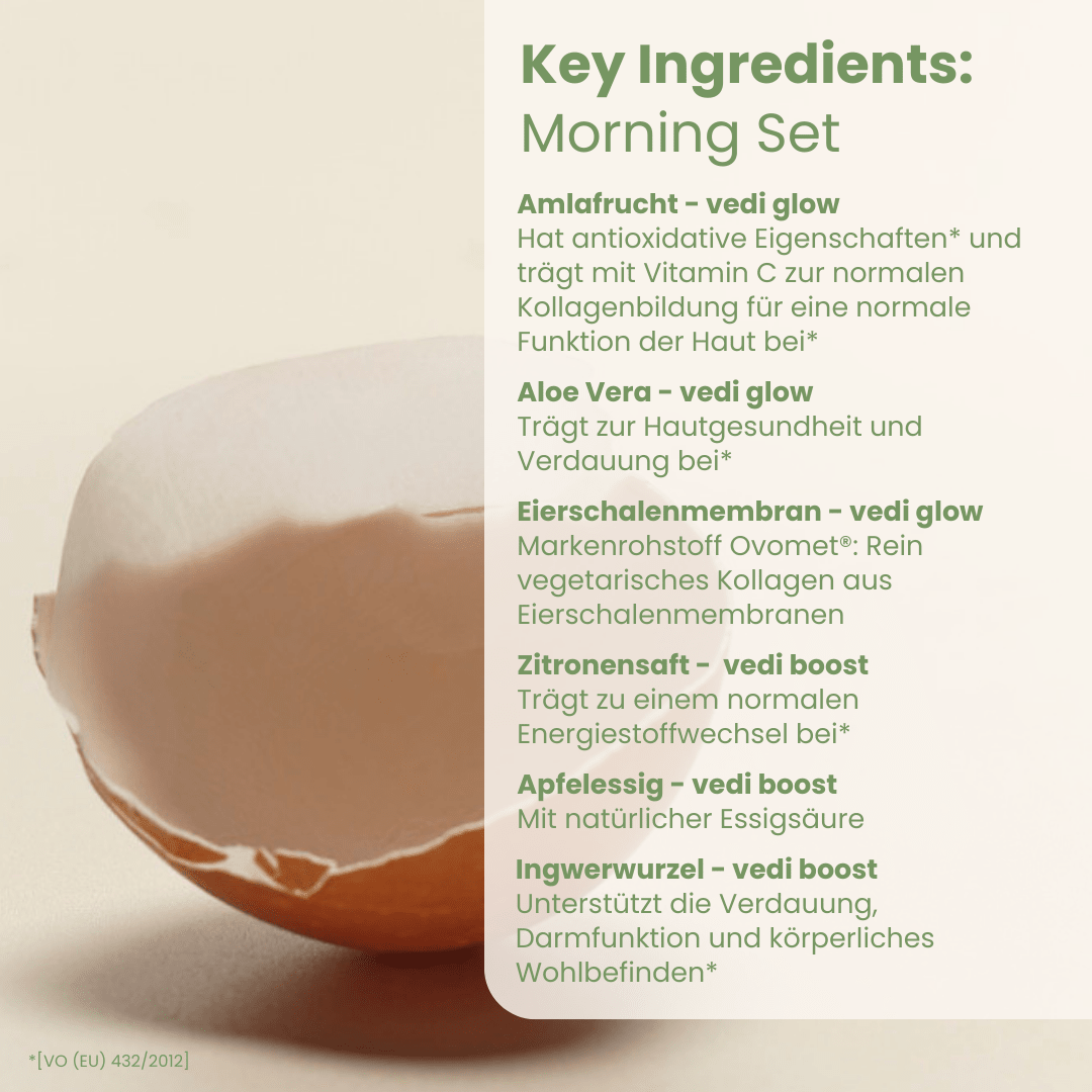 Morning Set Key Ingredients mit Amlafrucht, Ovomet Kollagen, Zitrone und Ingwer für strahlende Haut