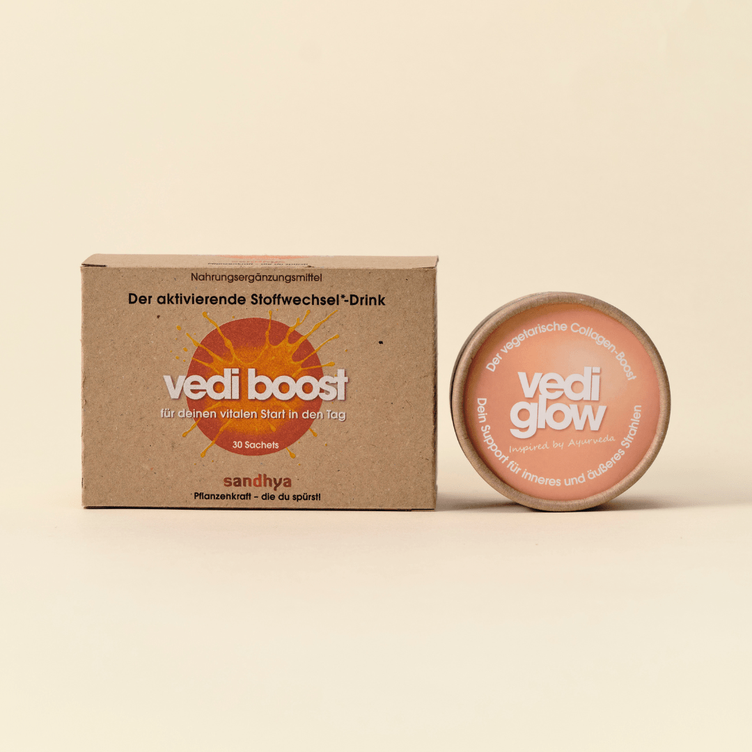 Morning Set mit Vedi Boost Stoffwechsel-Drink und Vedi Glow Kollagen-Boost als morgendliche Beauty-Routine