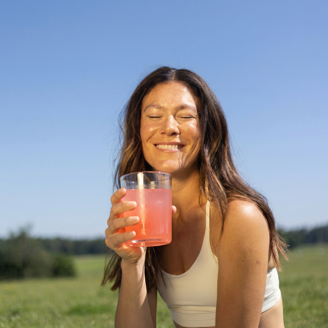 Frau genießt Vedi Boost Drink in der Natur unter blauem Himmel für entspannten Stoffwechsel-Moment