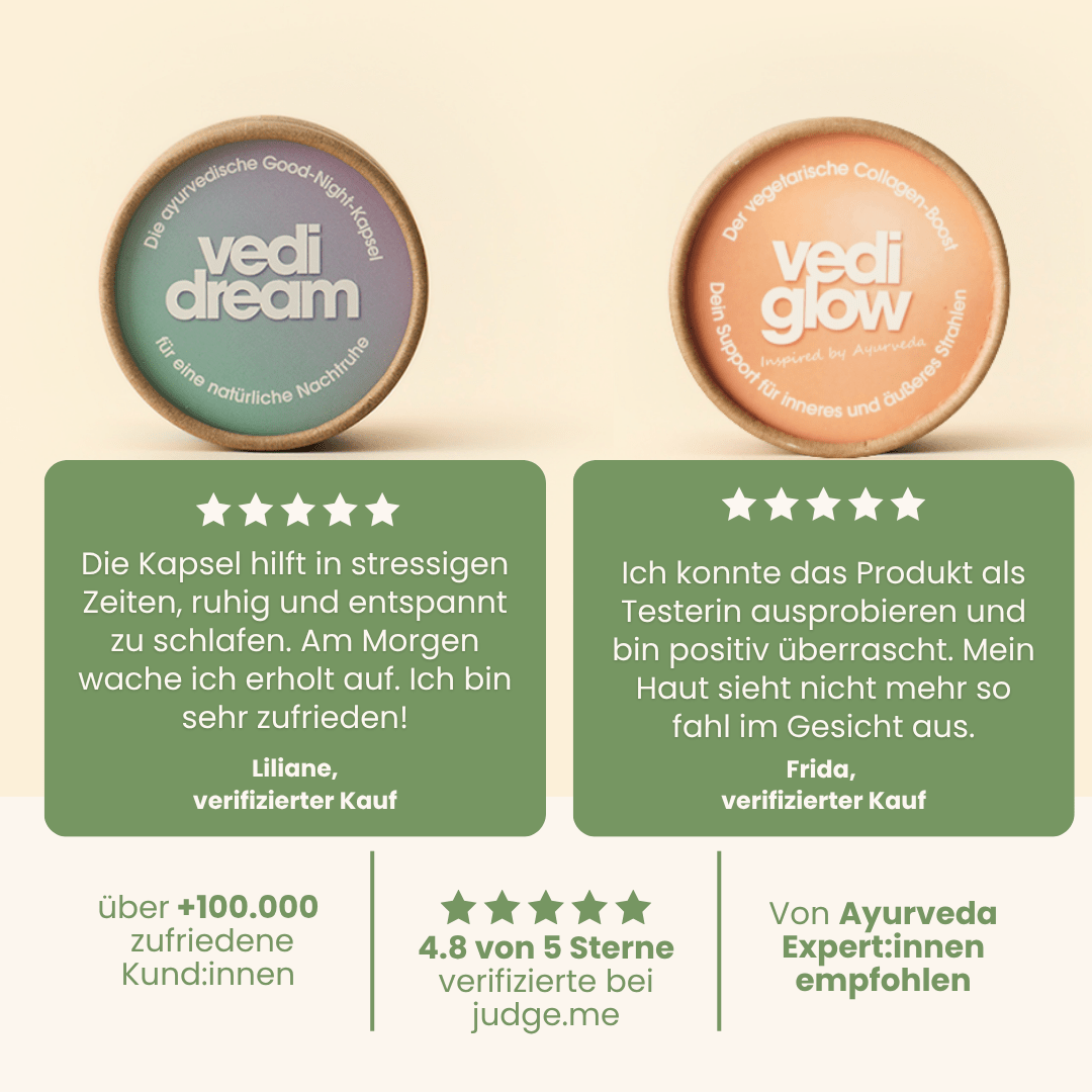 vedi dream Good-Night-Kapsel und vedi glow Collagen-Boost mit 5-Sterne-Kundenbewertungen für Schlaf und Haut