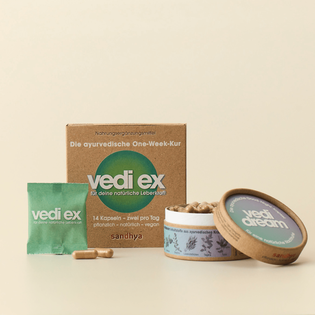 Vedi Ex und Vedi Dream Duo: ayurvedische Kapseln für natürliche Leberkraft und erholsame Nachtruhe pflanzlich vegan