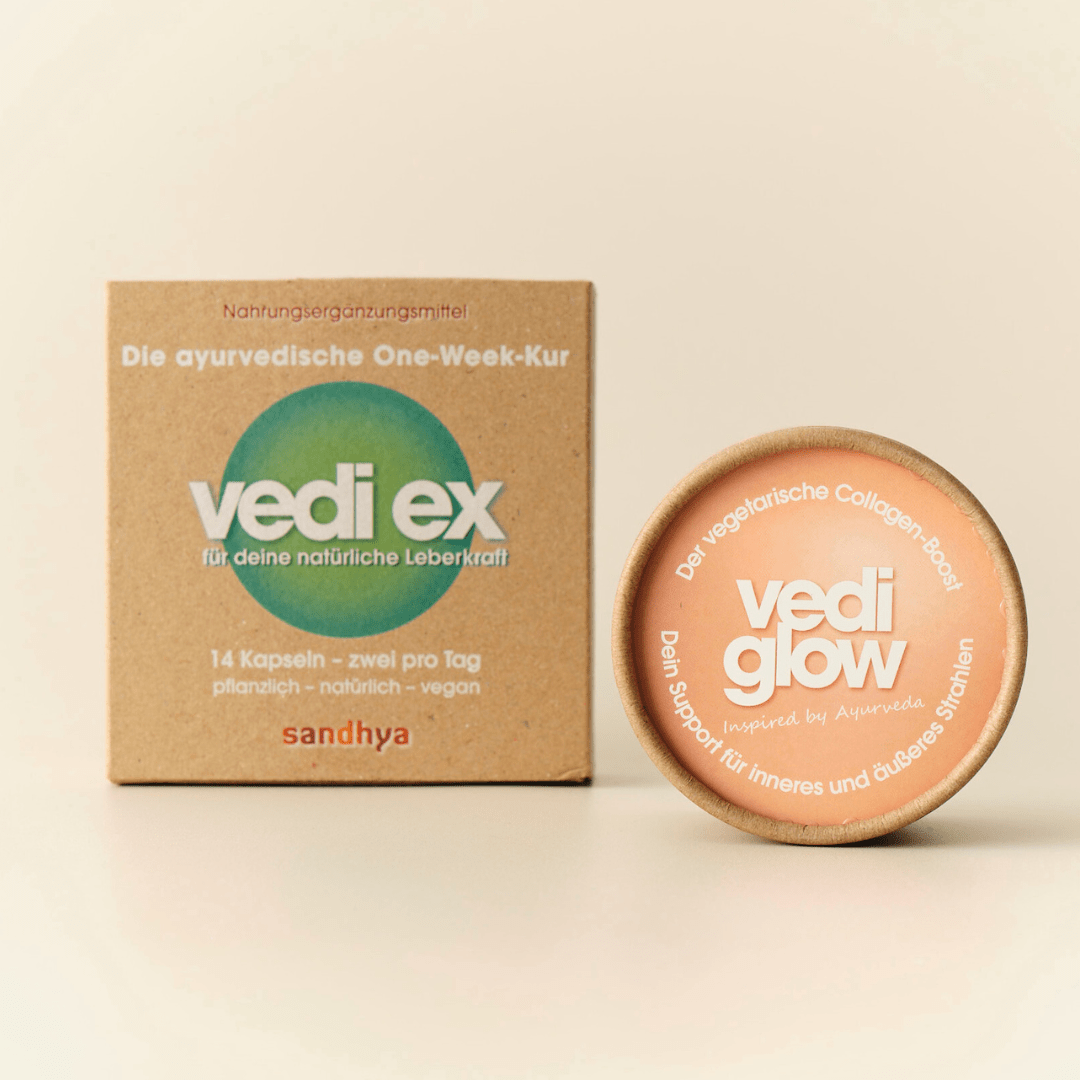 Vedi Ex und Vedi Glow Duo: ayurvedische Kapseln und Collagen-Boost für Leberkraft und inneren Glow pflanzlich vegan