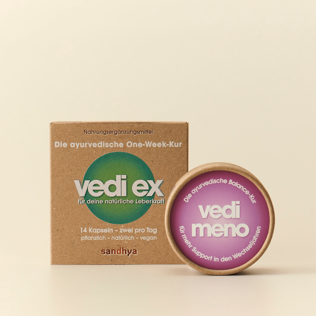 Vedi Ex und Vedi Meno Duo: ayurvedische Kapseln für Leberkraft und Balance in den Wechseljahren pflanzlich vegan