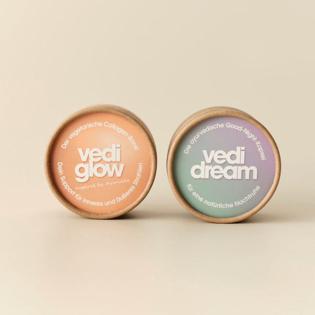 Vedi Glow und Vedi Dream Duo: Collagen-Boost und ayurvedische Good-Night-Kapseln für Glow und Nachtruhe pflanzlich vegan