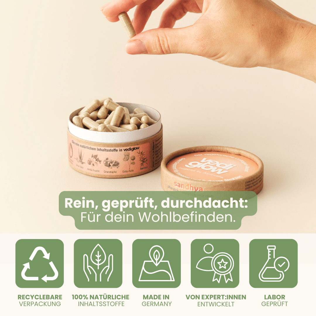 vedi glow Kapseln mit Qualitätsmerkmalen recyclebare Verpackung 100% natürliche Inhaltsstoffe Made in Germany laborgeprüft