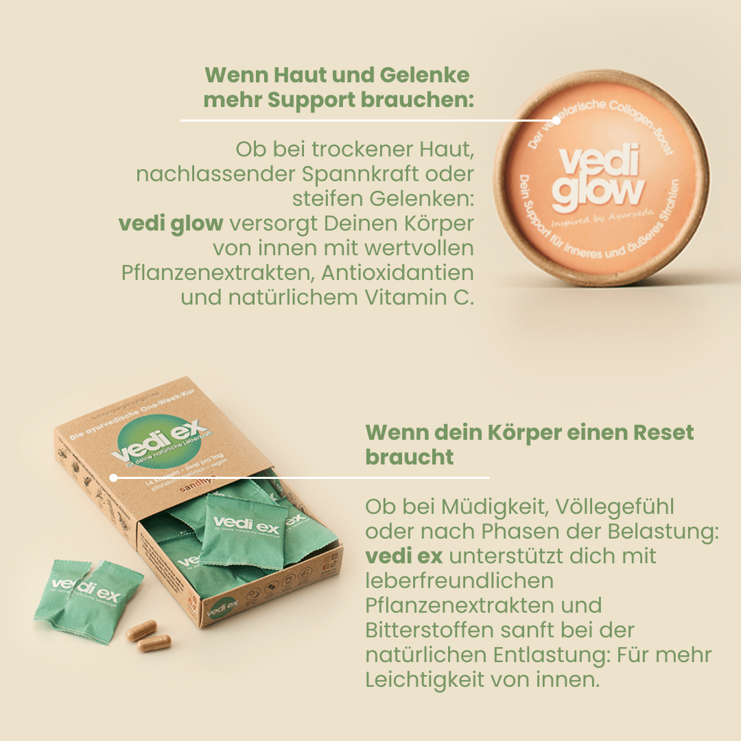 vedi glow Collagen-Boost für Haut und Gelenke plus vedi ex Leber-Reset mit Pflanzenextrakten und Bitterstoffen