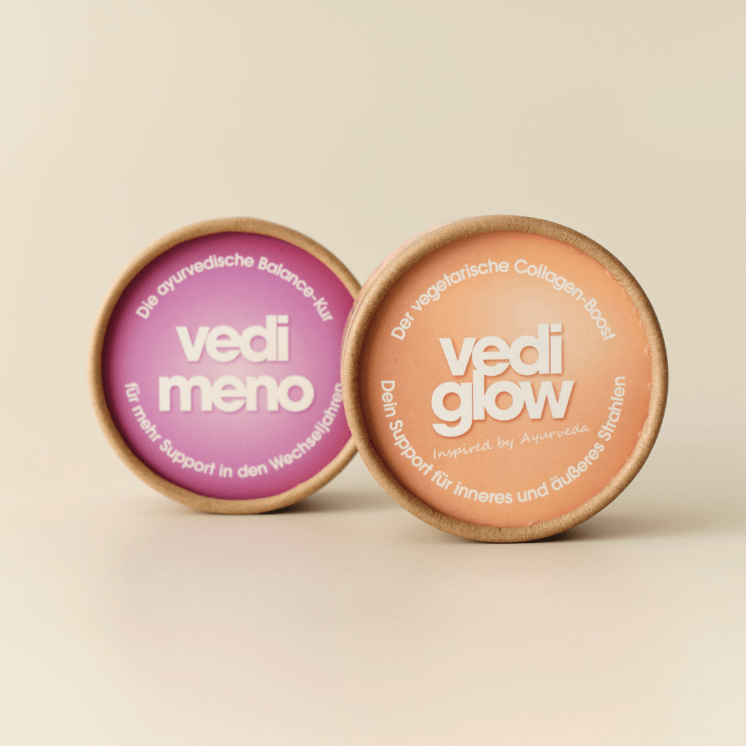 Vedi Meno und Vedi Glow Duo: ayurvedische Balance-Kur für Wechseljahre und Collagen-Boost für Glow pflanzlich vegan