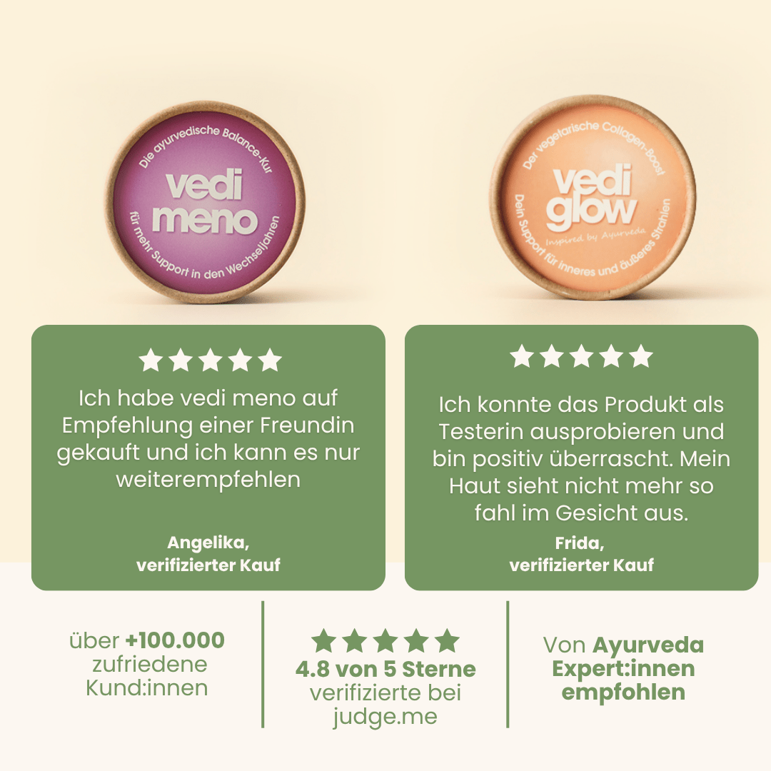 vedi meno Balance-Kur für Wechseljahre und vedi glow Collagen-Boost mit 5-Sterne-Kundenbewertungen