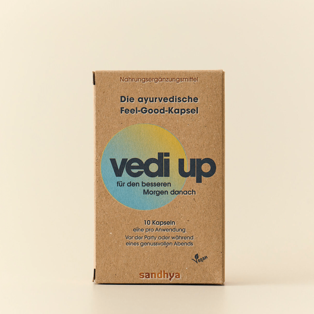 Vedi Up Feel-Good-Kapsel Verpackung mit 10 Kapseln für besseren Morgen nach genussvollen Abenden