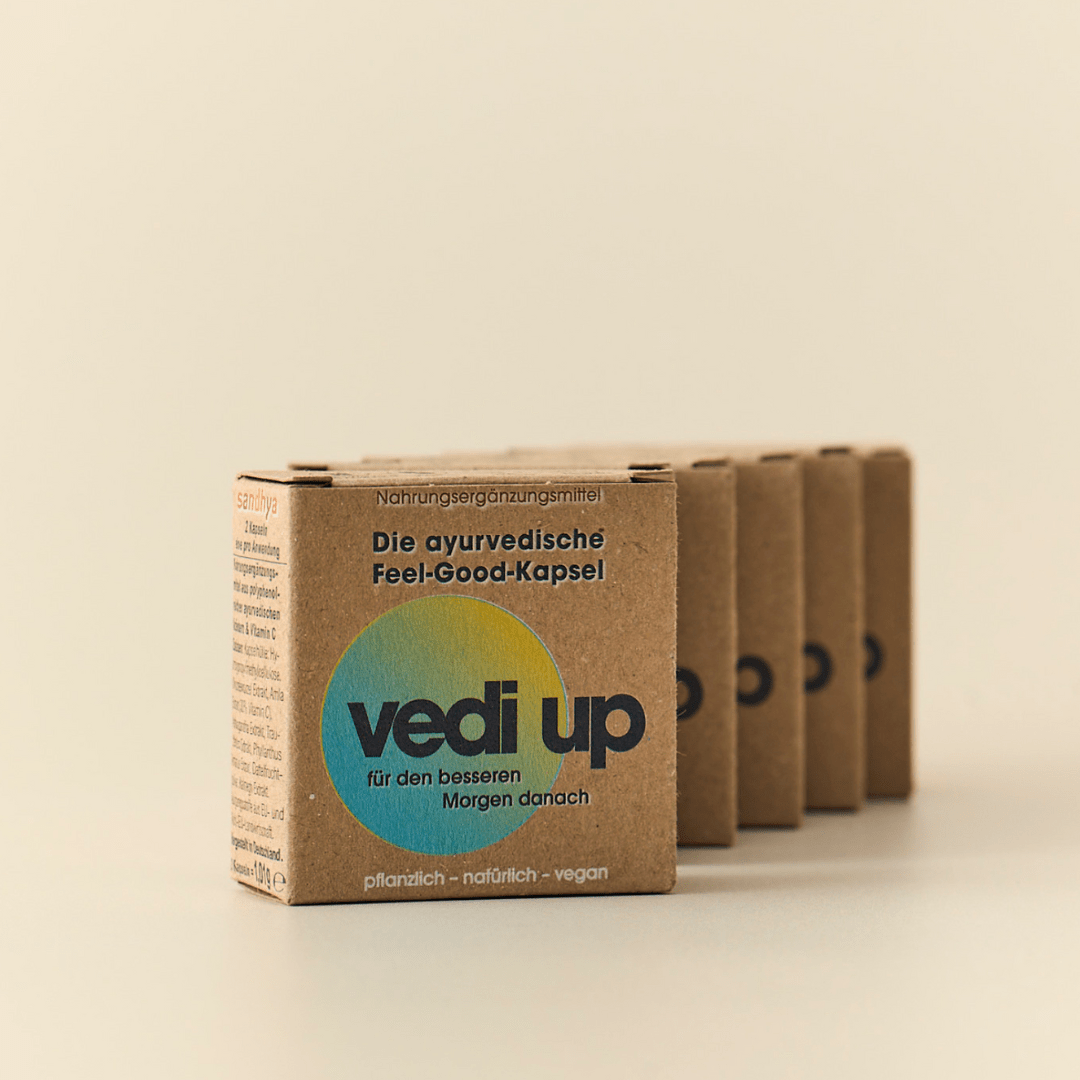 Vedi Up ayurvedische Feel-Good-Kapseln Produktreihe für den besseren Morgen danach pflanzlich natürlich vegan