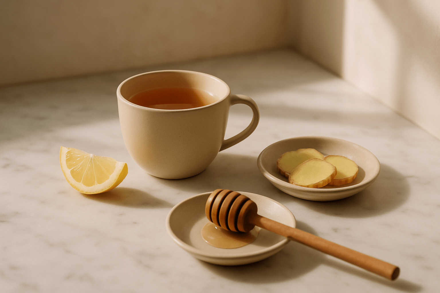 Ayurvedischer Morgentee mit Zitrone und Ingwer auf einer Marmorplatte als Start für den sanften Frühjahrsplan