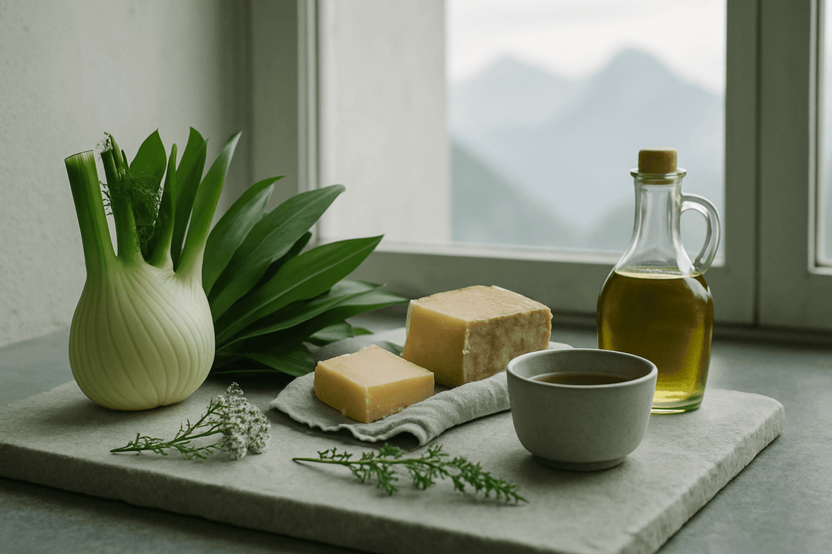 Editorial Stillleben mit Fenchel, Bärlauch und Bergkäse — ayurvedische Ernährung in den Wechseljahren