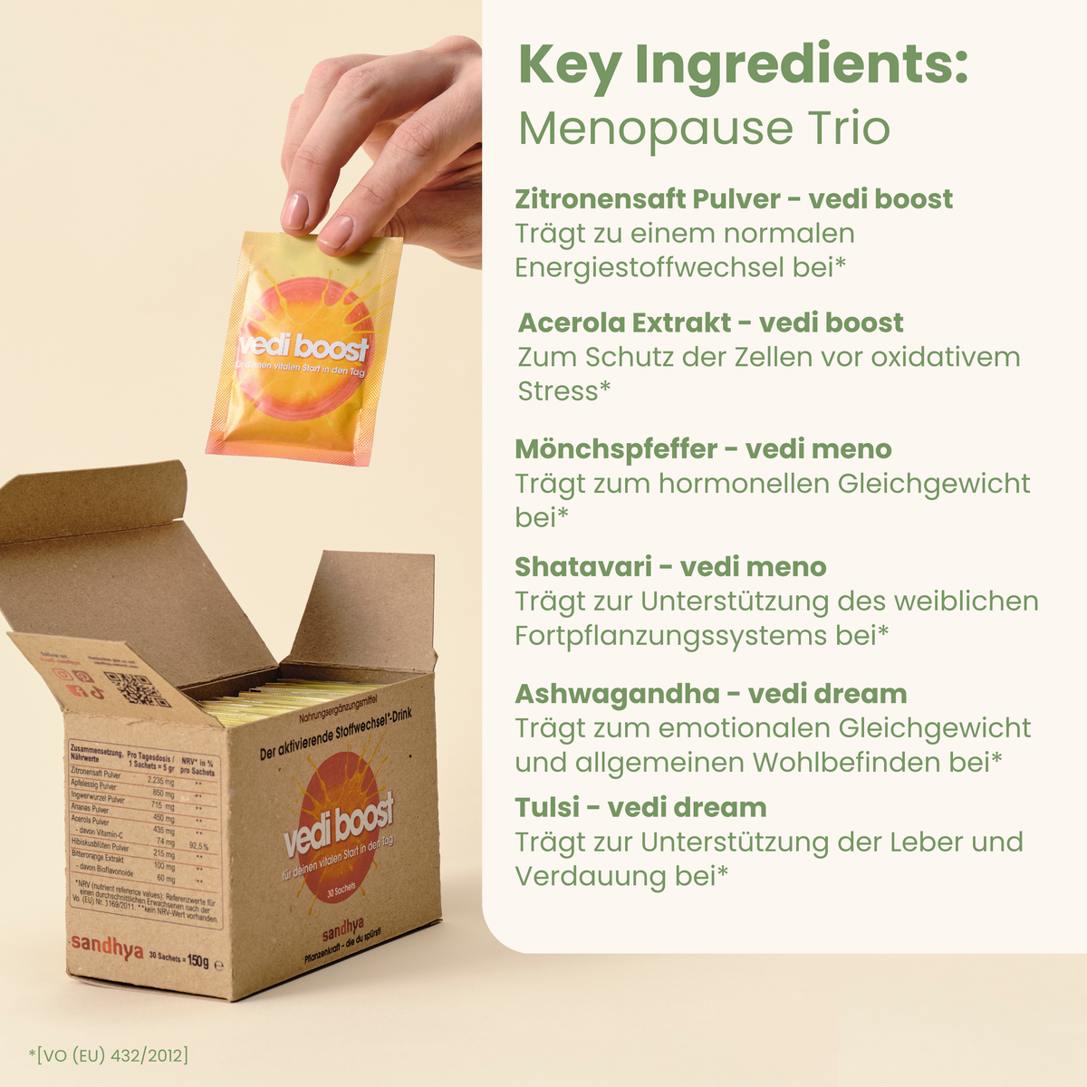 Key Ingredients im Menopause Trio: Mönchspfeffer, Shatavari, Ashwagandha, Tulsi und Acerola, daneben vedi boost Box
