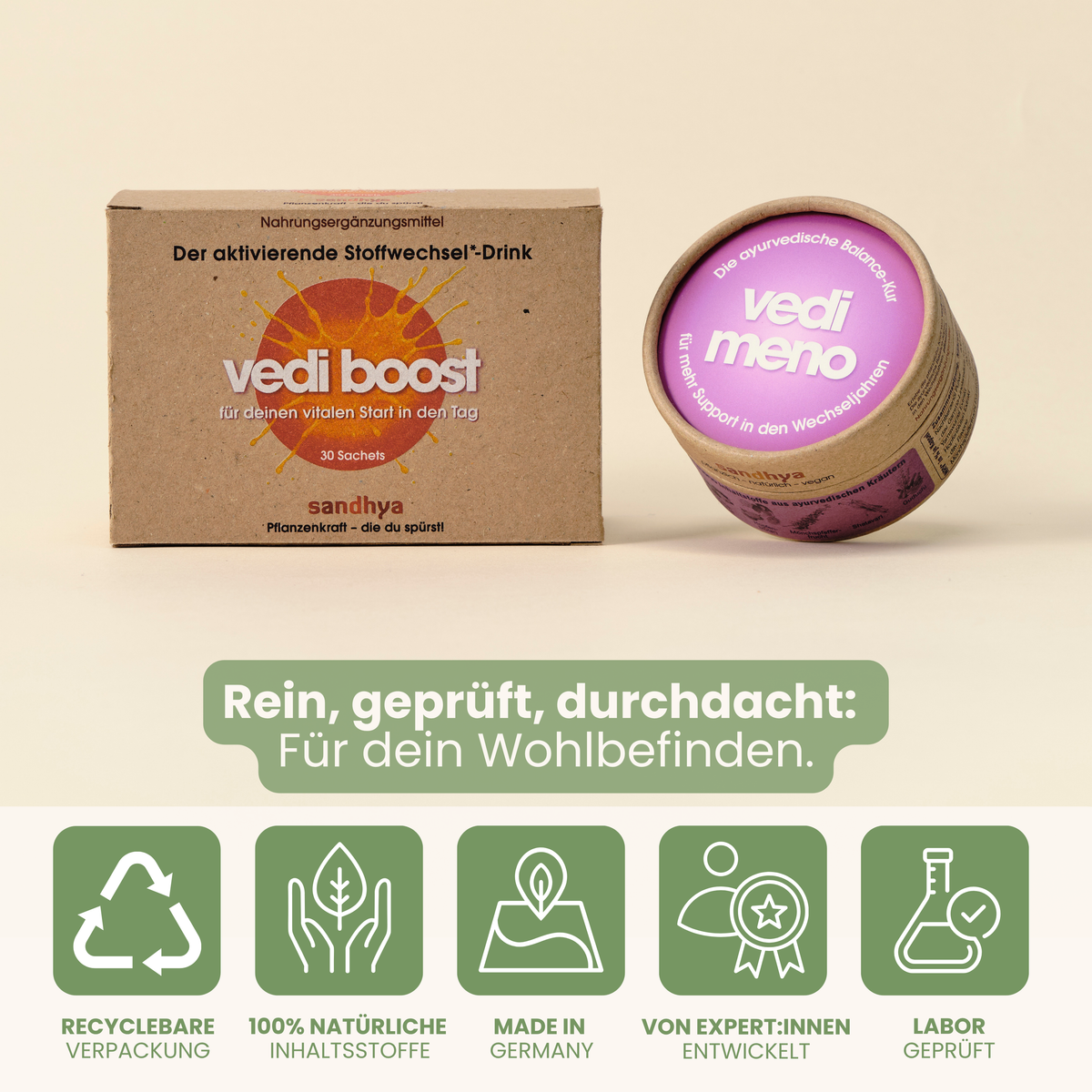 vedi boost Box und vedi meno Dose mit Qualitätssiegeln: recycelbar, natürliche Inhaltsstoffe, Made in Germany