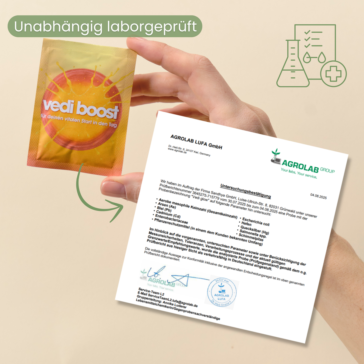 vedi boost Sachet neben unabhängigem AGROLAB Laborbericht, laborgeprüfte Qualität im Meno Metabolism Set