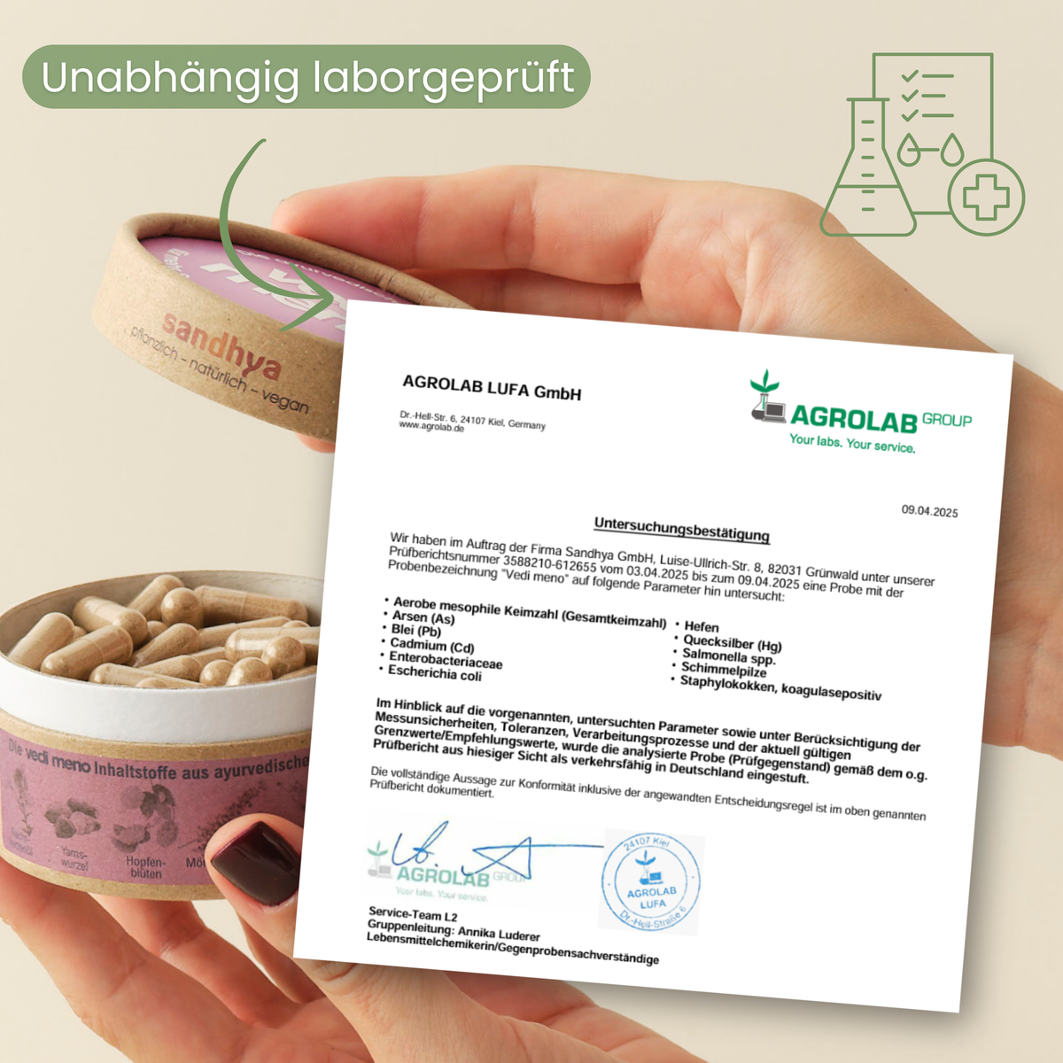 Geöffnete vedi meno Kapseldose neben AGROLAB Laborbericht als Nachweis der unabhängigen Laborprüfung