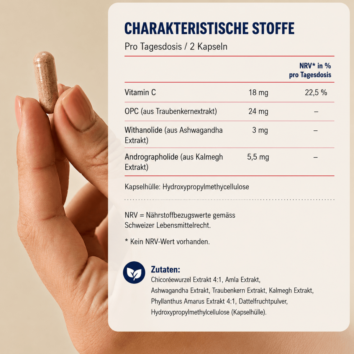 vedi up Fan Box – Inhaltsstoffe & Nährwertangaben: Vitamin C, OPC Traubenkernextrakt, Ashwagandha, Kalmegh – ayurvedische Kapsel Schweiz