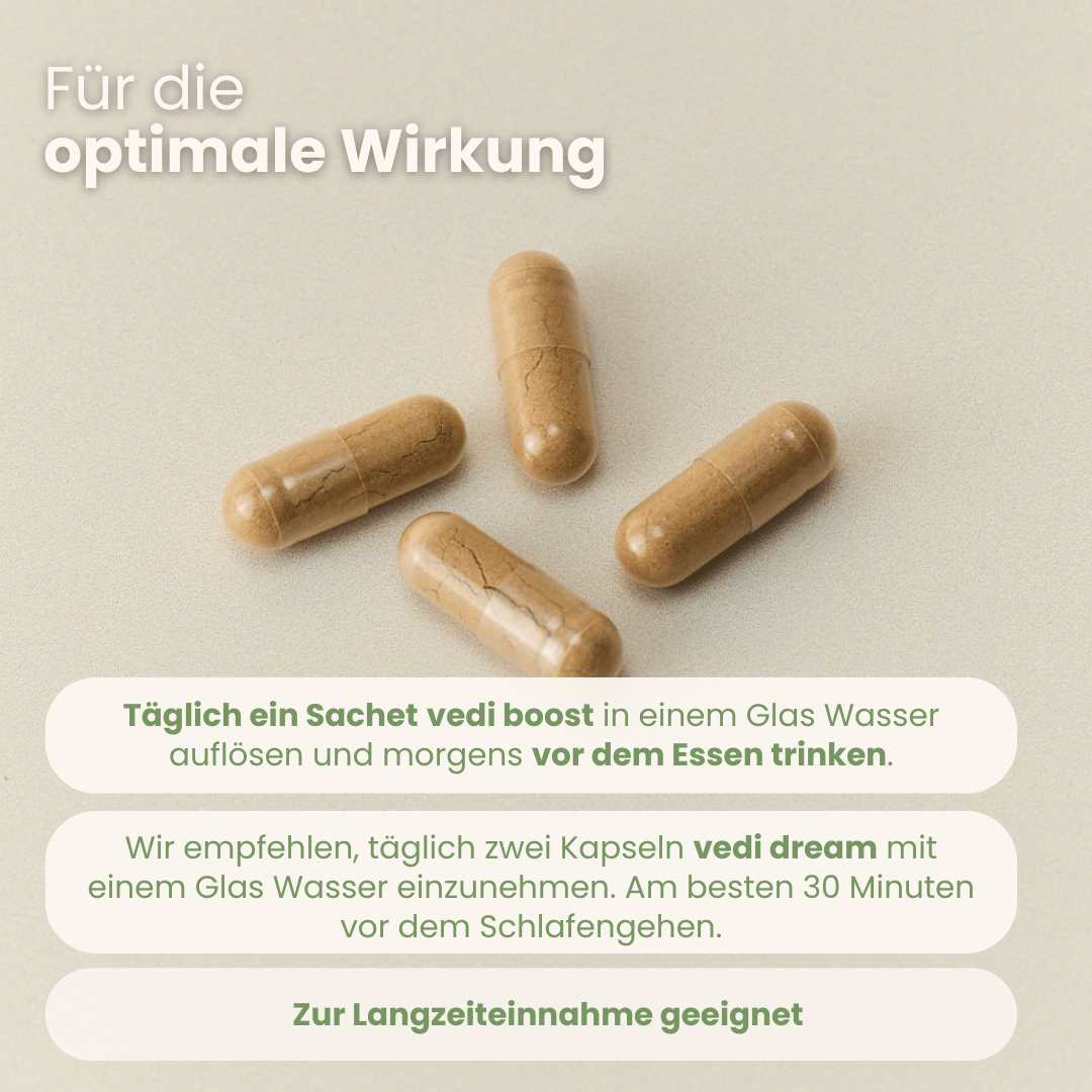 Day Night Set Einnahmeempfehlung mit Vedi Boost Sachet und Vedi Dream Kapseln für Langzeiteinnahme