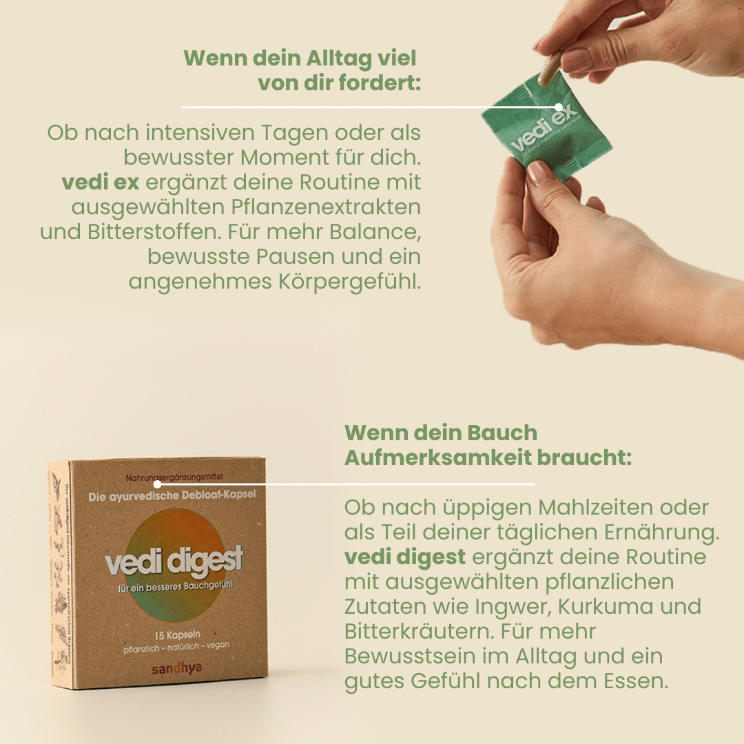 Digest Cleanse Set Anwendung: Vedi Ex mit Bitterstoffen und Vedi Digest mit Ingwer & Kurkuma für besseres Bauchgefühl