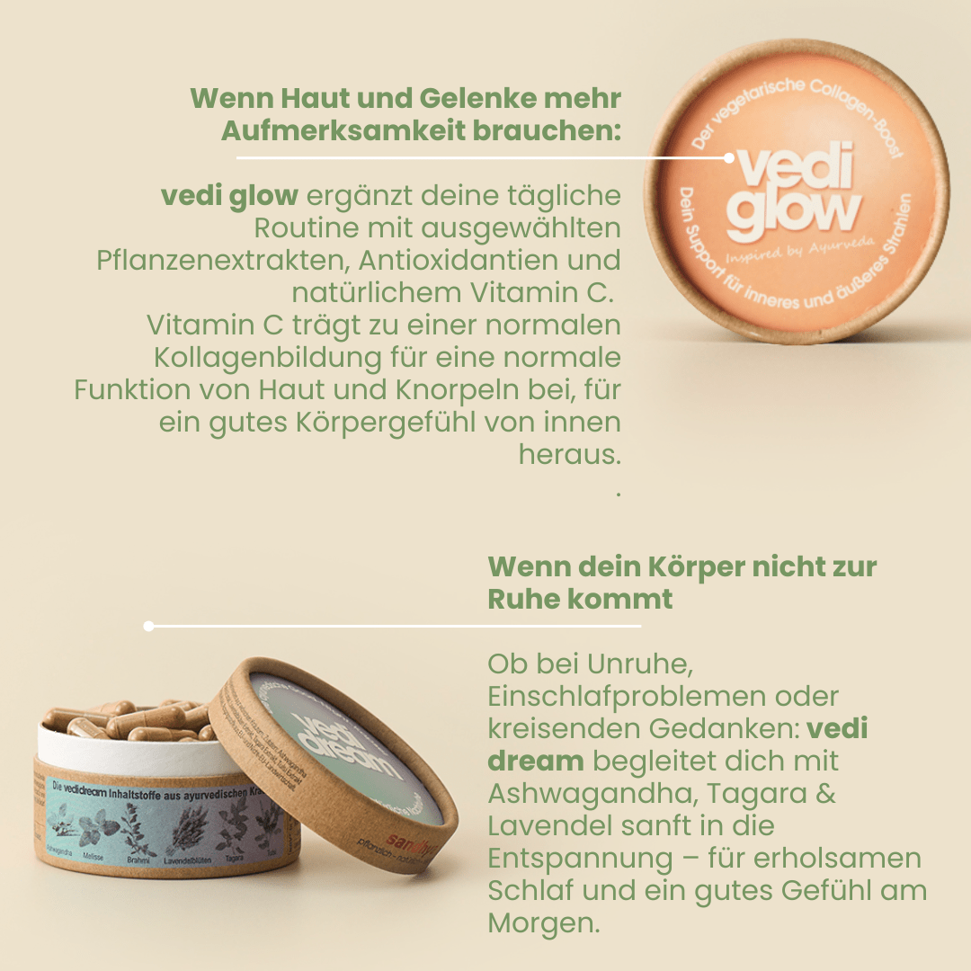 Dream Glow Set Anwendung: Vedi Glow mit Vitamin C für Haut und Vedi Dream mit Ashwagandha für erholsamen Schlaf