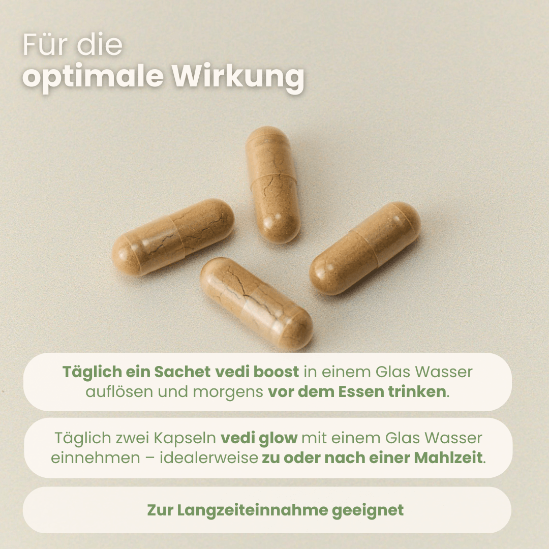 Morning Set Einnahmeempfehlung mit Vedi Boost Sachet und Vedi Glow Kapseln für Langzeiteinnahme