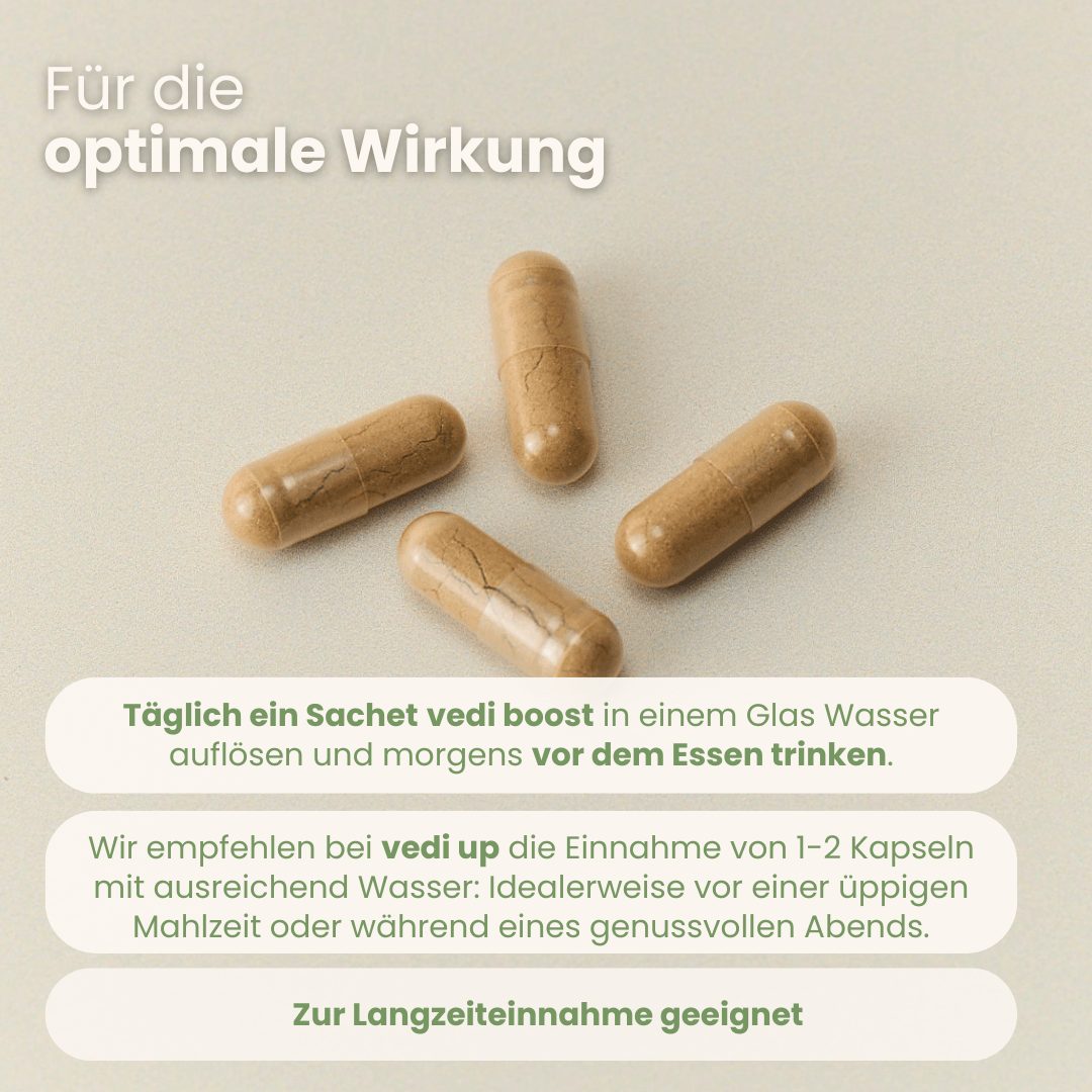 Recovery Set Einnahmeempfehlung mit Vedi Boost Sachet morgens und Vedi Up Kapseln für Langzeiteinnahme
