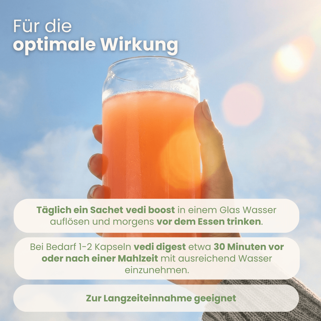 Stoffwechsel Set Einnahmeempfehlung mit Vedi Boost täglich und Vedi Digest bei Bedarf zur Mahlzeit