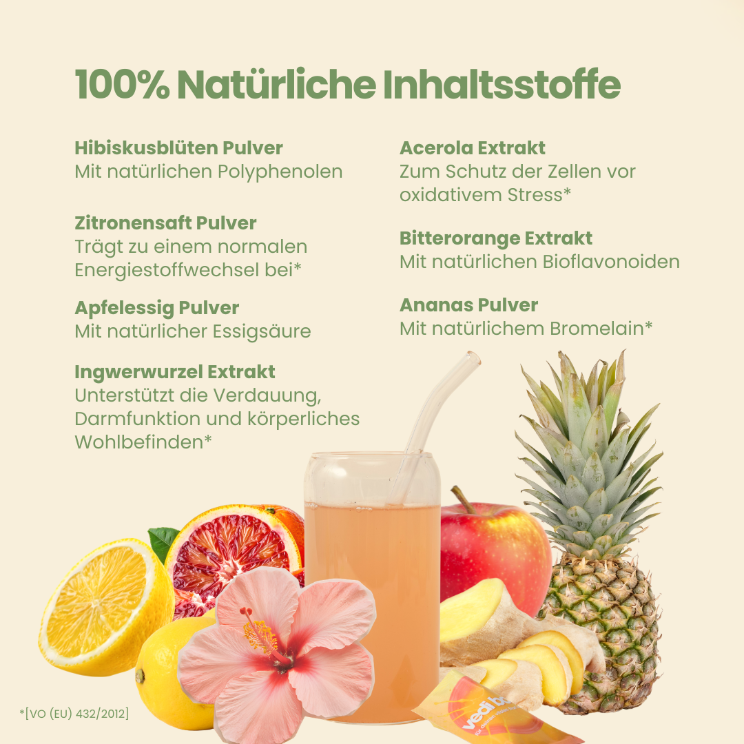 Vedi Boost 100 Prozent natürliche Inhaltsstoffe mit Hibiskus, Acerola, Zitrone und Ingwer