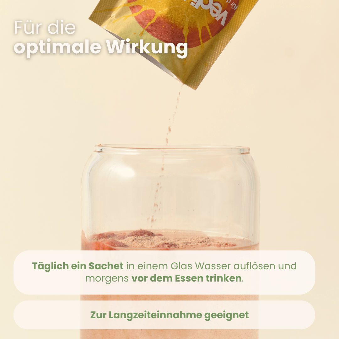 Vedi Boost Einnahmeempfehlung täglich ein Sachet im Wasser morgens vor dem Essen trinken