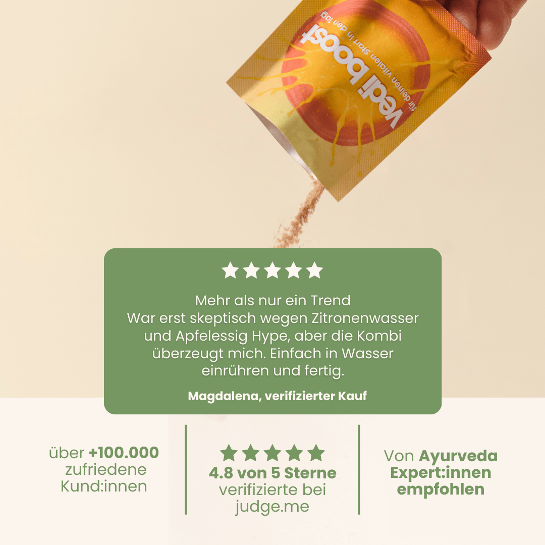 Vedi Boost Sachet mit 4,8 Sterne Kundenbewertung und Empfehlung von Ayurveda Experten