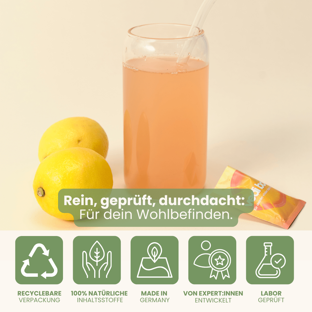 Vedi Boost Drink mit Zitronen und Qualitätssiegeln Made in Germany für natürliches Wohlbefinden