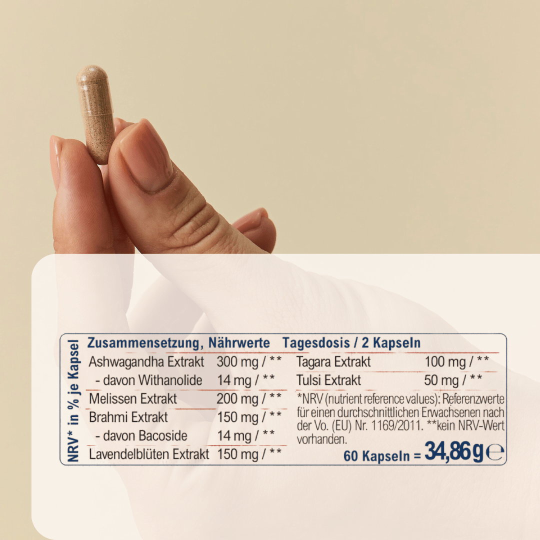 vedi dream Nährwerttabelle mit ayurvedischen Kräutern und Inhaltsstoffen pro Tagesdosis für natürliche Nachtruhe