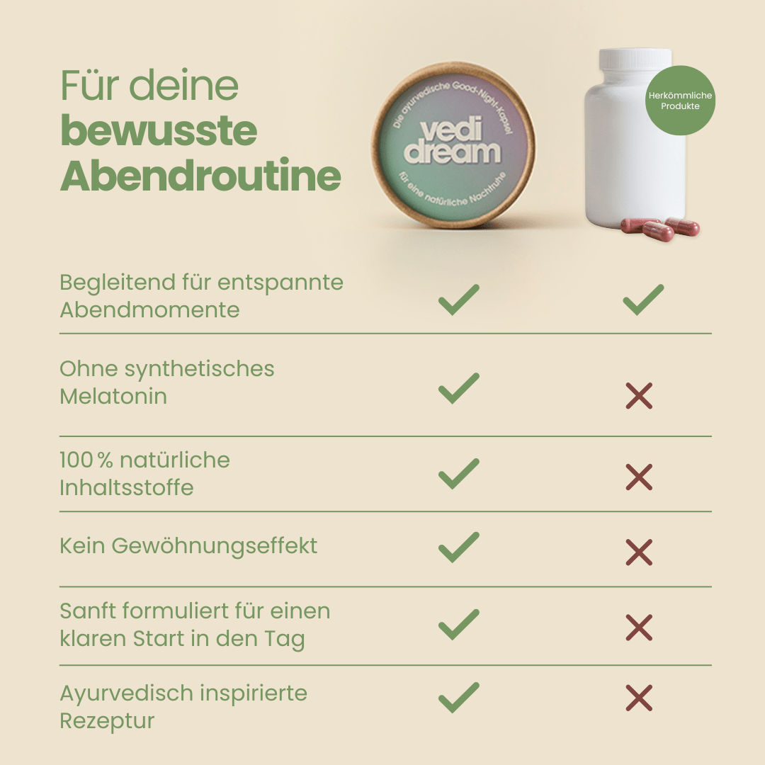 Vedi Dream Good-Night-Kapseln Vergleich: pflanzliche Rezeptur ohne synthetisches Melatonin für entspannten Schlaf