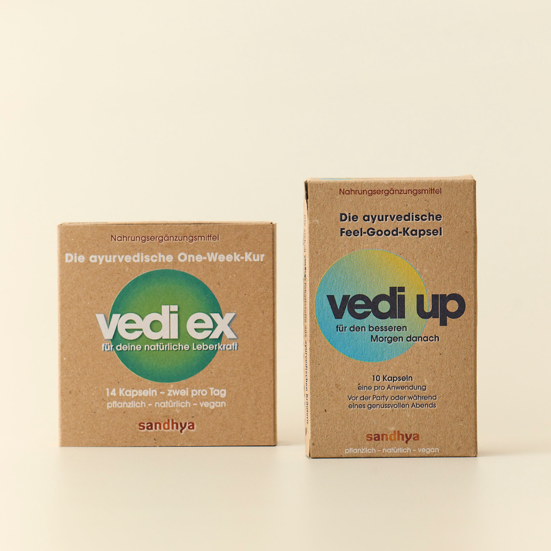 Vedi Ex und Vedi Up Leberkraft-Set: ayurvedische Kapseln für natürliche Leberkraft und Feel-Good am Morgen pflanzlich vegan
