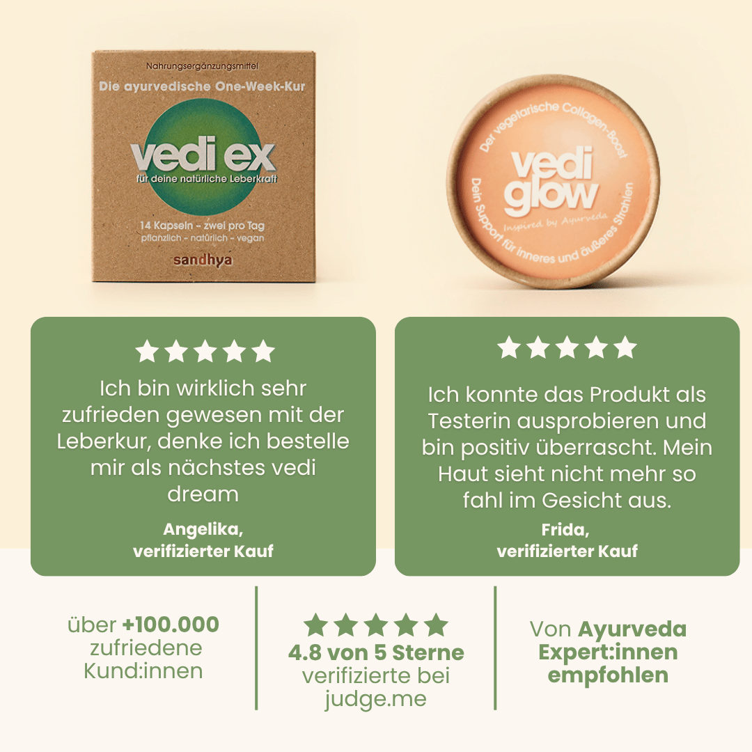 vedi ex One-Week-Leberkur und vedi glow Collagen-Boost mit 5-Sterne-Kundenbewertungen für Detox und Haut