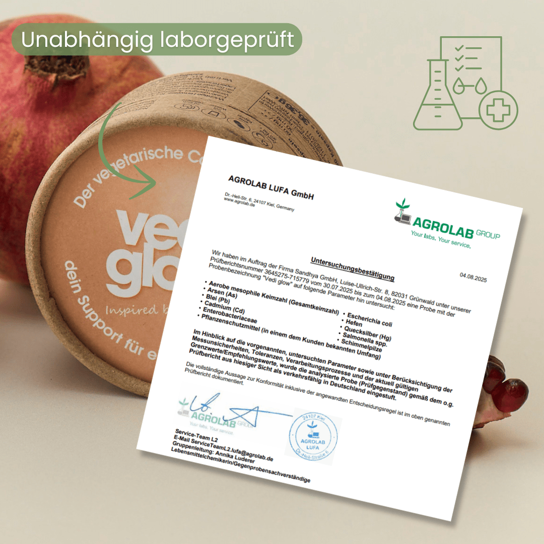 vedi glow Collagen-Boost Dose mit Granatapfel und unabhängigem AGROLAB-Laborzertifikat für geprüfte Qualität