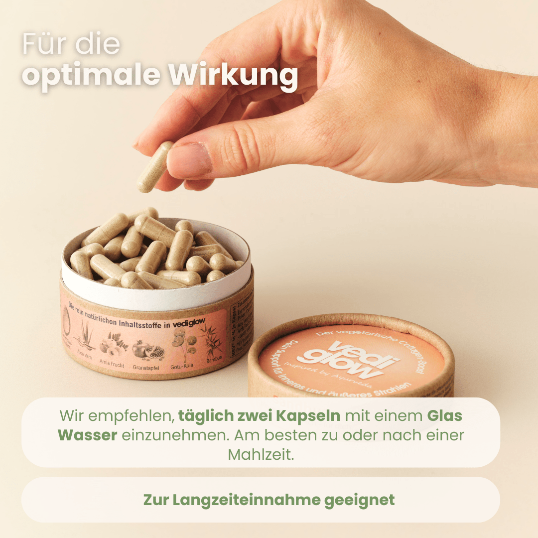 vedi glow Einnahmeempfehlung täglich zwei Kapseln mit Wasser für optimale Wirkung und Langzeiteinnahme geeignet