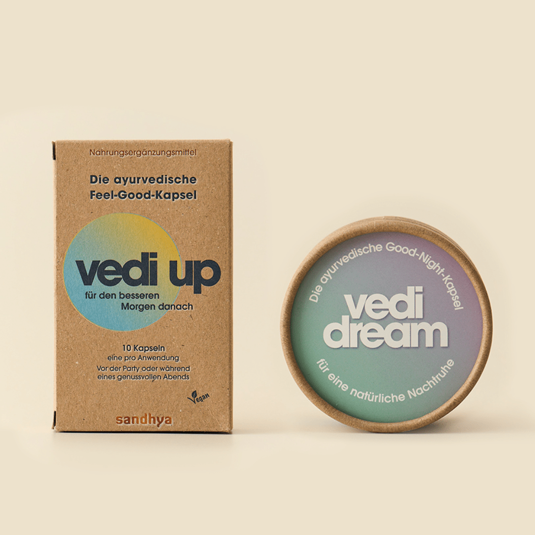Vedi Up Feel-Good-Kapsel und Vedi Dream Good-Night-Kapsel als ayurvedisches Set für Tag und Nacht