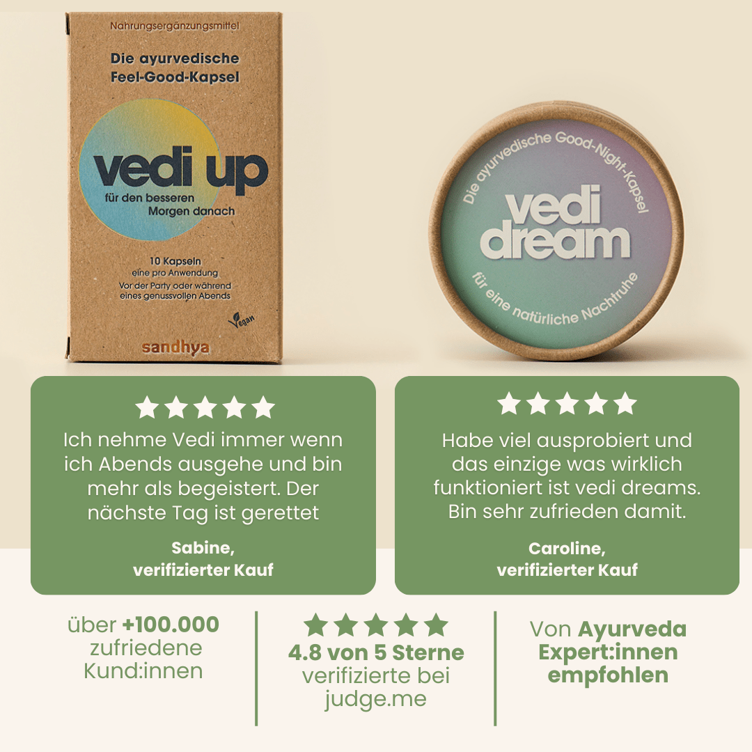 Vedi Up und Vedi Dream Set mit 4,8 Sterne Bewertungen und Empfehlung von Ayurveda Experten