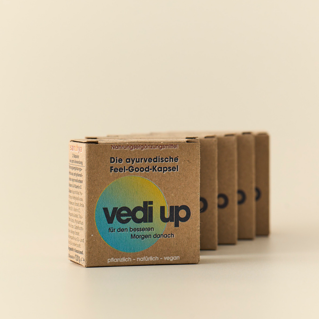 Vedi Up ayurvedische Feel-Good-Kapseln Produktreihe für den besseren Morgen danach pflanzlich natürlich vegan