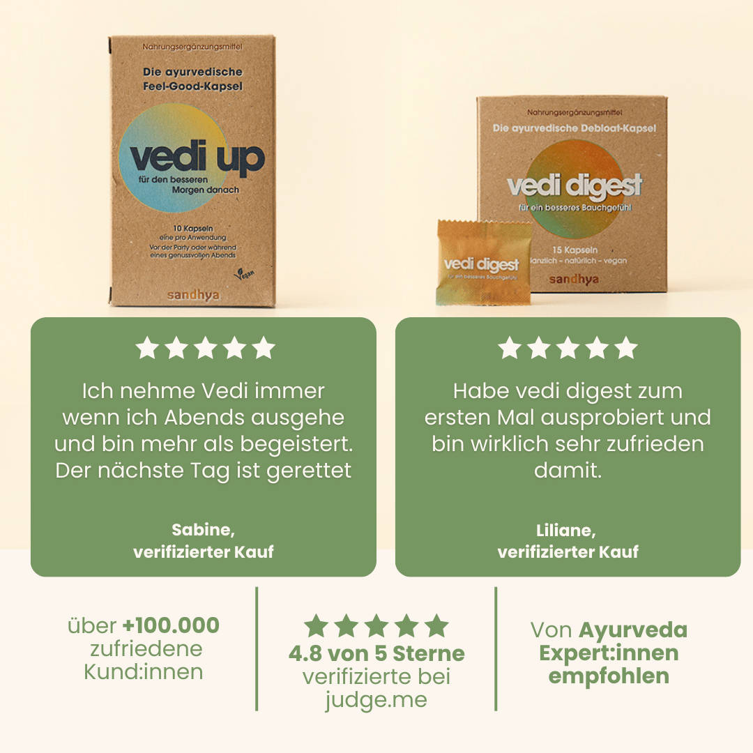 vedi up Feel-Good-Kapsel und vedi digest Debloat-Kapsel mit 5-Sterne-Kundenbewertungen für Morgen danach und Bauchgefühl